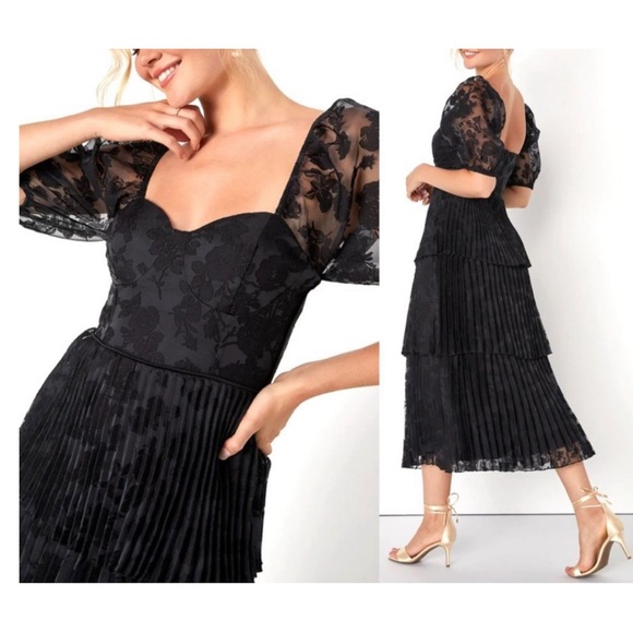 Lulu's Black Floral Posh Delight Midi Dress New with Tags Puff Sleeves - Picture 1 of 14